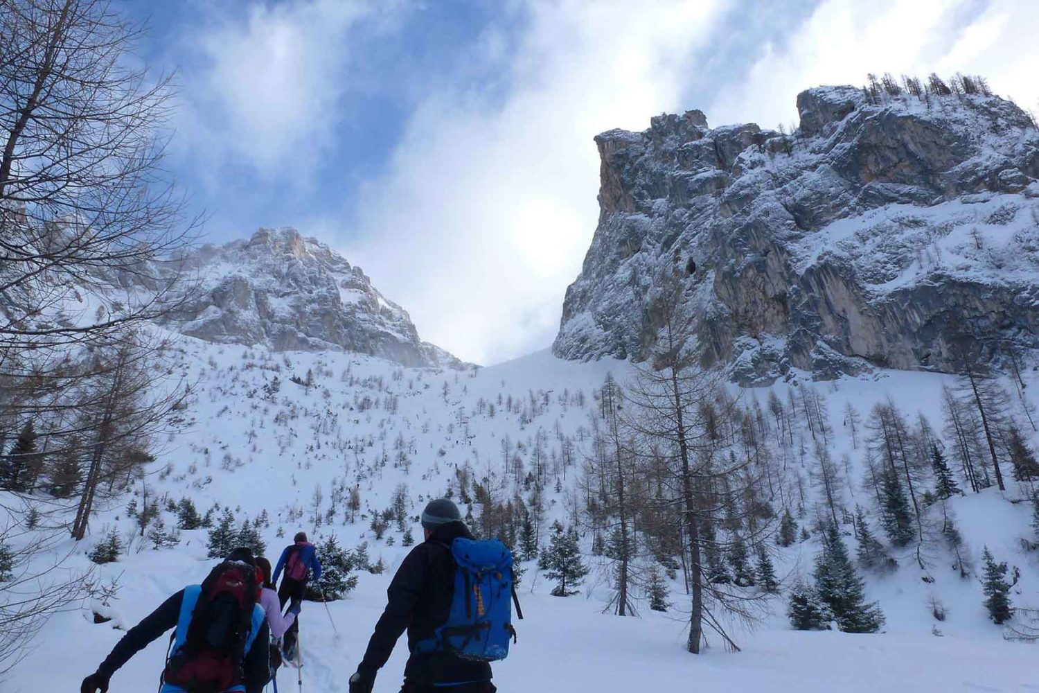 panorama with skiers in Brenta glacier-skitour in the Dolomites